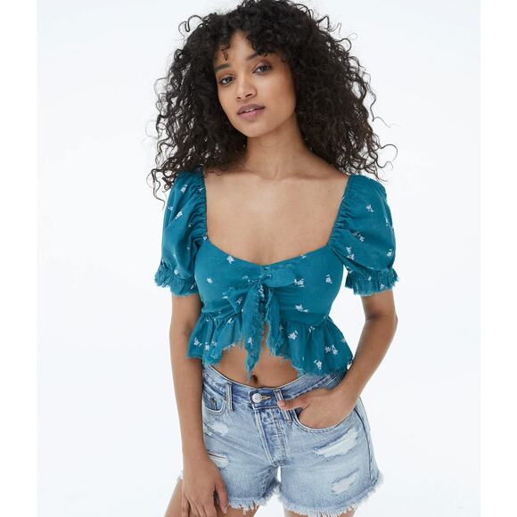 Aeropostale Blue Floral Short Puff Sleeve Frayed Front Tie Slim Crop Top Size XS - Picture 1 of 5